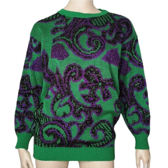 None Sweaters - Vintage Sweater Women's Made Italy 80's Green Purple Paisley Kelly Green Medium